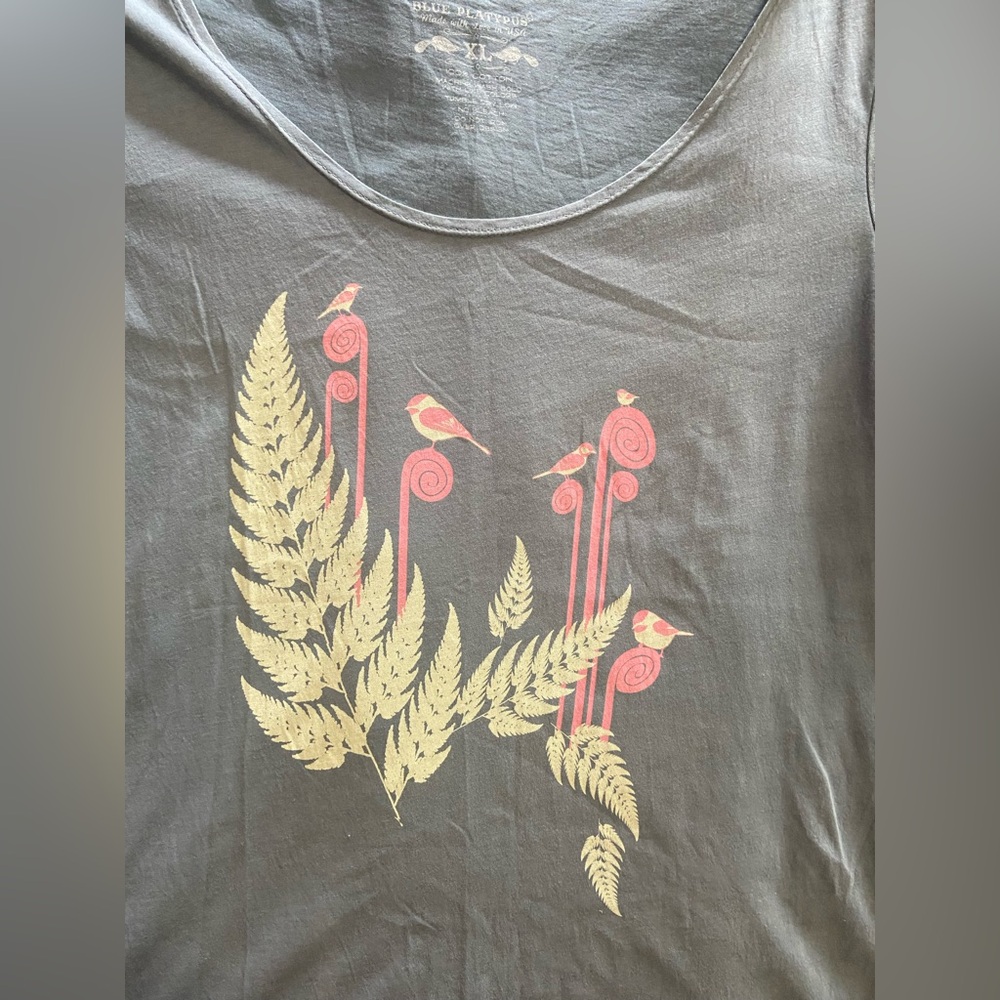 Blue platypus brand - Gray T-Shirt with scoop neck.  Fern and Bird Design.
